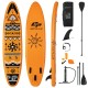 Inflatable stand-up paddle board in orange with accessories, ideal for water yoga, fishing, and stable surfing.
