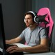 Gaming chair in pink PU leather with adjustable features, USB massage lumbar pillow, and retractable footrest for.