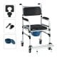 Aluminum commode shower wheelchair with locking casters, adjustable height, and removable toilet for easy cleaning.