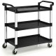 3-shelf utility service cart with aluminum frame, black PP surface, and rolling casters for easy transport in various.