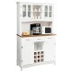 Wood buffet hutch cabinet with glass doors, three large drawers, and wine rack, perfect for kitchen or dining room.