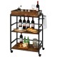 3-tier rustic brown kitchen serving bar cart with lockable casters, removable tray, and towel rack for versatile use.