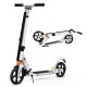 Folding adjustable kick scooter in white, made of aluminum alloy, with 8" wheels and shoulder strap for easy carrying.