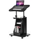 Height adjustable black sit-to-stand laptop desk cart with storage, tiltable desktop, and wheels for easy mobility.