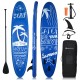 Inflatable stand-up paddle board in blue with adjustable paddle, fins, and carrying backpack for versatile water.