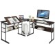 L-shaped computer desk in brown with adjustable tiltable tabletop and two open shelves for storage, perfect for home.