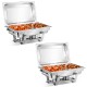 Stainless steel chafing dish set with double plates, fuel burners, and removable pans, ideal for buffets and events.