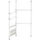 Telescopic clothes hanger with adjustable height, 2 shelves, and 12 shoe hooks for organized storage in any room.