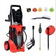 Electric high pressure washer in red with 3000 PSI, five nozzles, and hose reel for versatile outdoor cleaning.