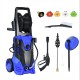 Electric high pressure washer in blue with 3000 PSI, five nozzles, and hose reel for versatile outdoor cleaning tasks.
