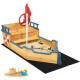 Wooden pirate boat sandbox for kids with benches, storage space, and non-woven fabric for yard or beach play.