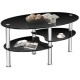 Tempered glass oval coffee table in black with two bottom shelves for storage, perfect for living room relaxation.
