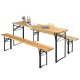 Folding wooden picnic table and bench set with natural wood grain, sturdy steel frame, ideal for indoor and outdoor use.