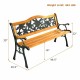 Outdoor cast iron patio bench with rose pattern, solid wood seat, dimensions 49.5" x 20.5" x 30", supports 463 lbs.
