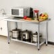 Stainless steel commercial kitchen prep table with adjustable under-shelf, ideal for food preparation and storage.