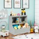 3-tier gray kids bookcase storage organizer with 2 cubbies and 2 bins, perfect for toys and books in a child's room.