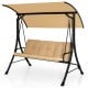 3-seat outdoor porch swing with beige padded cushions and adjustable canopy, perfect for backyard relaxation.