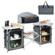 Folding camping table with storage organizer in gray, featuring side tables and a heat-resistant countertop for outdoor.