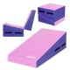 Folding wedge gymnastics mat in purple and pink, featuring durable PVC cover and four handles for easy transport.