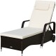 Cushioned outdoor recliner chaise lounge in white with adjustable backrest and PE rattan, perfect for patio relaxation.