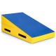 Incline wedge ramp gymnastics mat in blue and yellow, designed for safe training and easy portability with side handles.