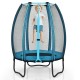 Kids trampoline with enclosure net in blue, featuring a solid steel frame and safety padding for indoor and outdoor fun.