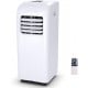 Portable 8000 BTU air conditioner in white with remote control, designed for efficient cooling and dehumidifying in.