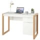 Modern white computer desk with wooden frame, featuring a large drawer and cabinet for efficient workspace organization.