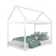 Kids platform floor bed with roof in white, featuring sturdy wooden frame and heavy-duty slats for durability and.