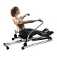 Adjustable double hydraulic resistance rowing machine with a user exercising, featuring a sturdy steel frame and soft.
