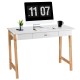 Modern computer desk with rubberwood legs, spacious white surface, and a large drawer for versatile home office use.
