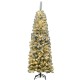 6-foot pre-lit snow flocked pencil Christmas tree with 250 warm LED lights, perfect for limited space displays.