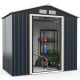 Metal storage shed with sliding double lockable doors, gray, featuring 25.6 sq. ft space and 4 vents for ventilation.