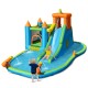 Inflatable water slide with bounce house, splash pool, and water cannons for kids' outdoor fun in vibrant colors.