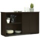 Kitchen storage cabinet with wood sliding doors, featuring spacious top and two shelves for efficient organization.