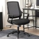 Ergonomic black mesh chair with curved backrest and armrests, adjustable height for comfort in any workspace.