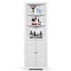 Free standing tall bathroom corner storage cabinet in white with three shelves and adjustable inner shelf for versatile.