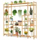 9-tier bamboo plant stand featuring shelves and a hanging rack, ideal for displaying various potted plants indoors or.