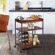 Three-tier storage bar serving cart with wine rack, made of wood and metal, ideal for kitchens and restaurants.