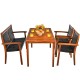 4-piece acacia wood patio dining set with rattan chairs, featuring a spacious tabletop for outdoor meals.