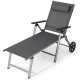 Adjustable patio folding chaise lounge chair with wheels, featuring a breathable fabric and 7-level adjustable backrest.