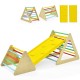 3-in-1 wooden climbing set with two triangle climbers and a yellow ramp, ideal for developing kids' motor skills.