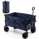 Folding utility garden cart in blue with wide wheels, adjustable handle, and large capacity for easy transport.