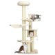 Multi-level 77.5-inch cat tree with sisal posts, plush pads, and playful fur balls for cats' entertainment and comfort.