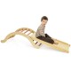 Wooden arch triangle rocker with ramp, designed for kids' climbing and sliding, includes a blue mat for comfort.