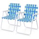 Two blue folding beach chairs with a reinforced steel frame, ideal for camping and outdoor activities.