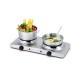 Double hot plate with stainless steel surface, featuring 1200W and 600W burners for versatile cooking options.