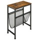 Narrow end table with a rustic wood top and mesh magazine holder sling, perfect for small spaces and easy storage.
