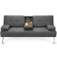 Convertible dark gray futon sofa bed with movable armrests and two cup holders, ideal for apartments and small spaces.