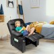 Kids recliner chair in black with cup holder and footrest, designed for comfort and stability in living spaces.